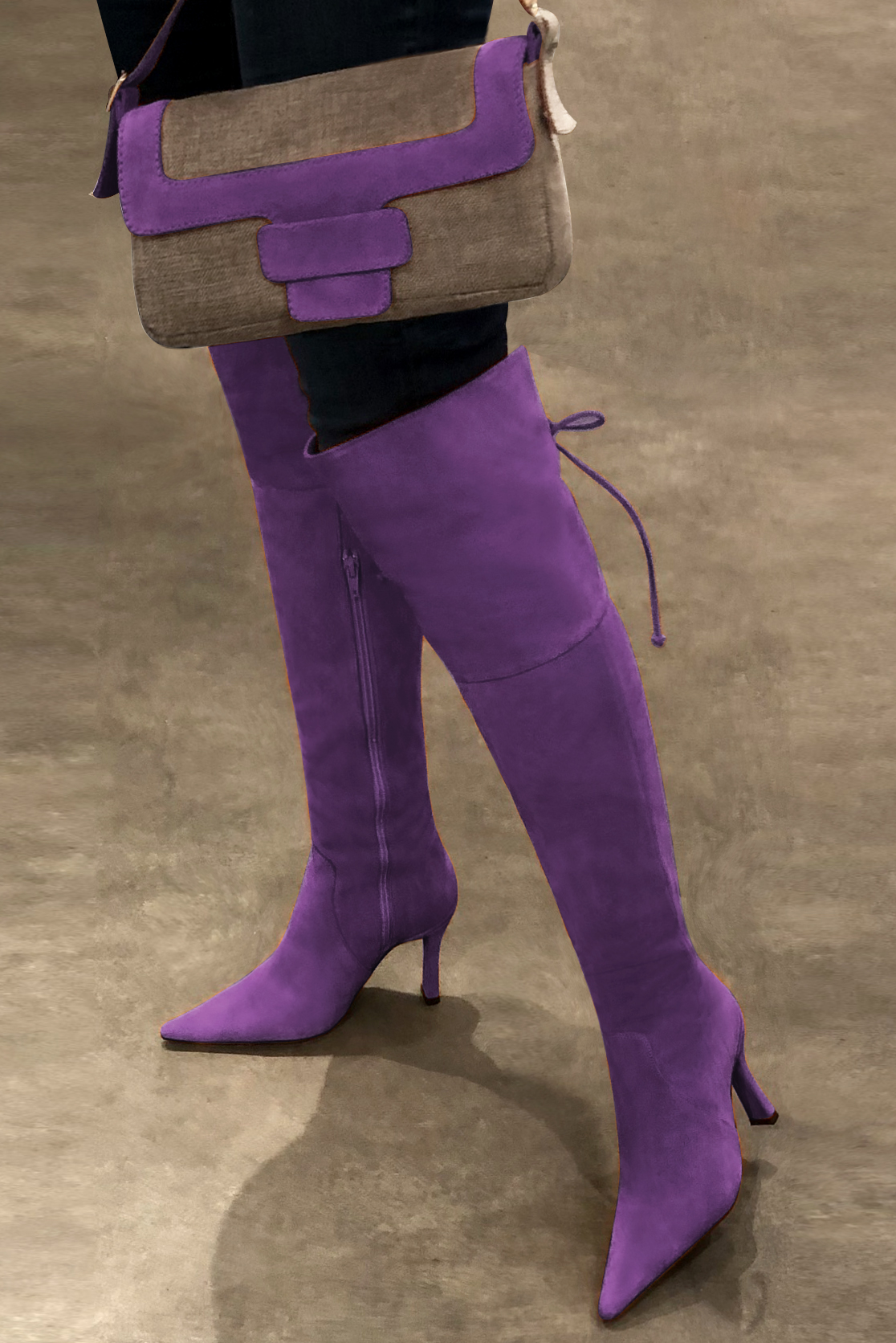 Amethyst purple women's leather thigh-high boots. Pointed toe. Very high spool heels. Made to measure. Worn view - Florence KOOIJMAN